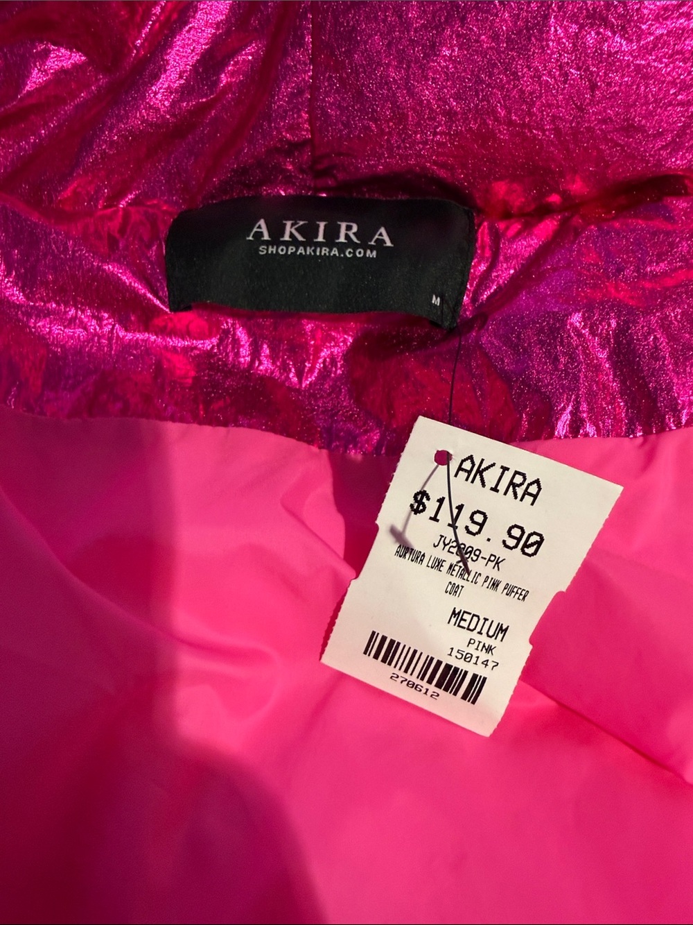 AKIRA Metallic Hot Pink Wrap Puffer Jacket - Picture 6 of 6